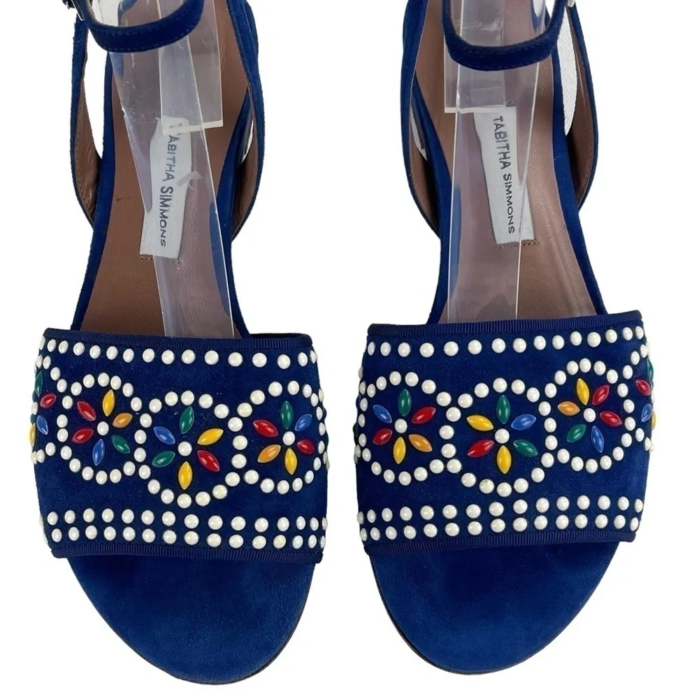 TABITHA SIMMONS GEOMETRIC STUDDED BLUE SUEDE LEATHER ANKLE WRAP SANDAL